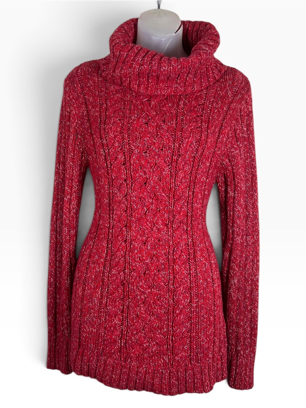 Old Navy Y2K Red Marled Chunky Cable Knit Cowl Neck Sweater Women’s L Fisherman